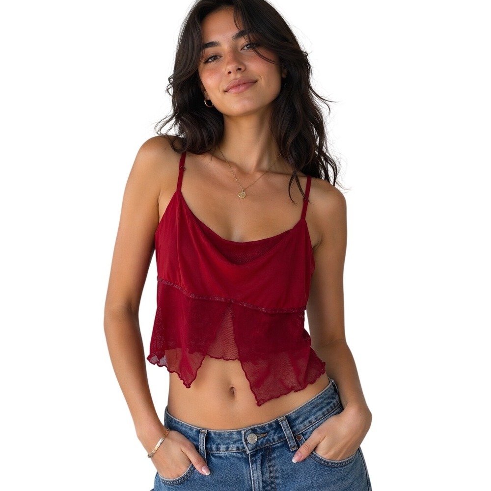 Princess Polly Red Mesh Cowl Neck Baby Doll Cami Top Sheer Split Front 8 Coquett